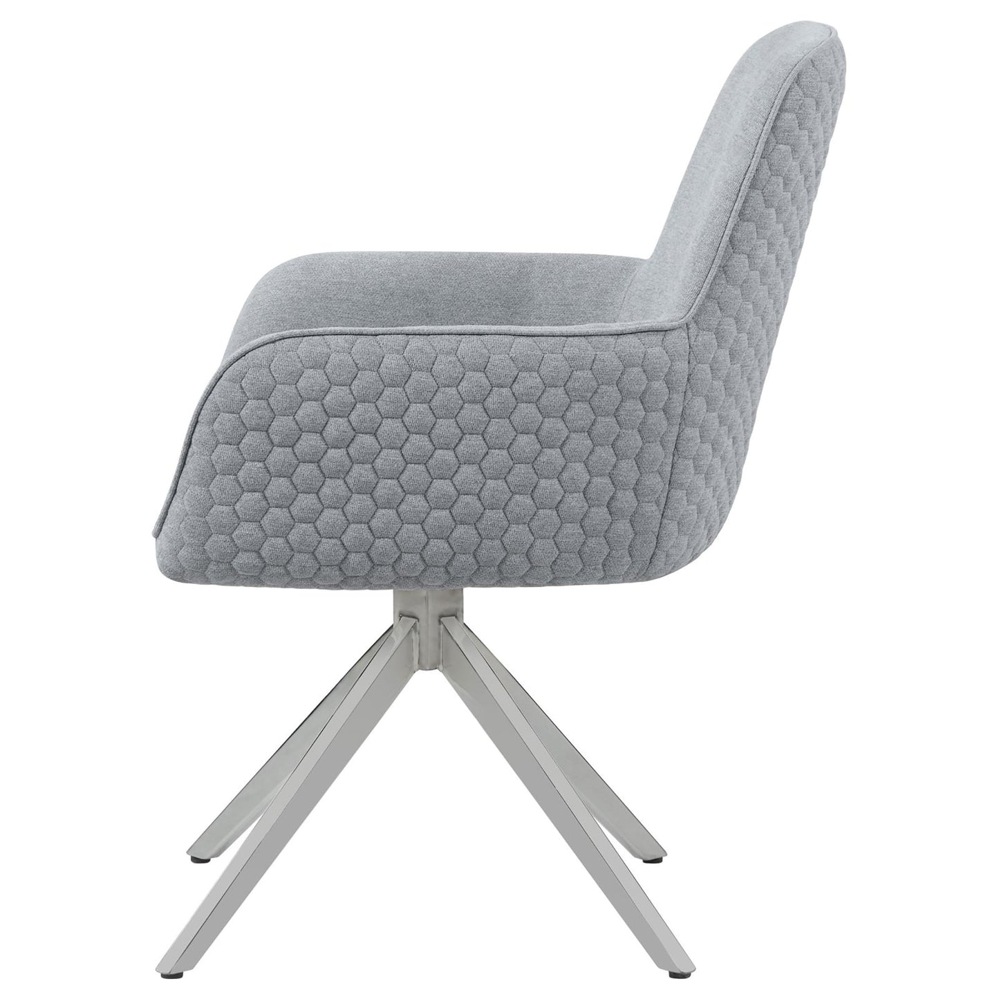 Grey fabric accent chair with hexagonal quilting and modern brushed steel base