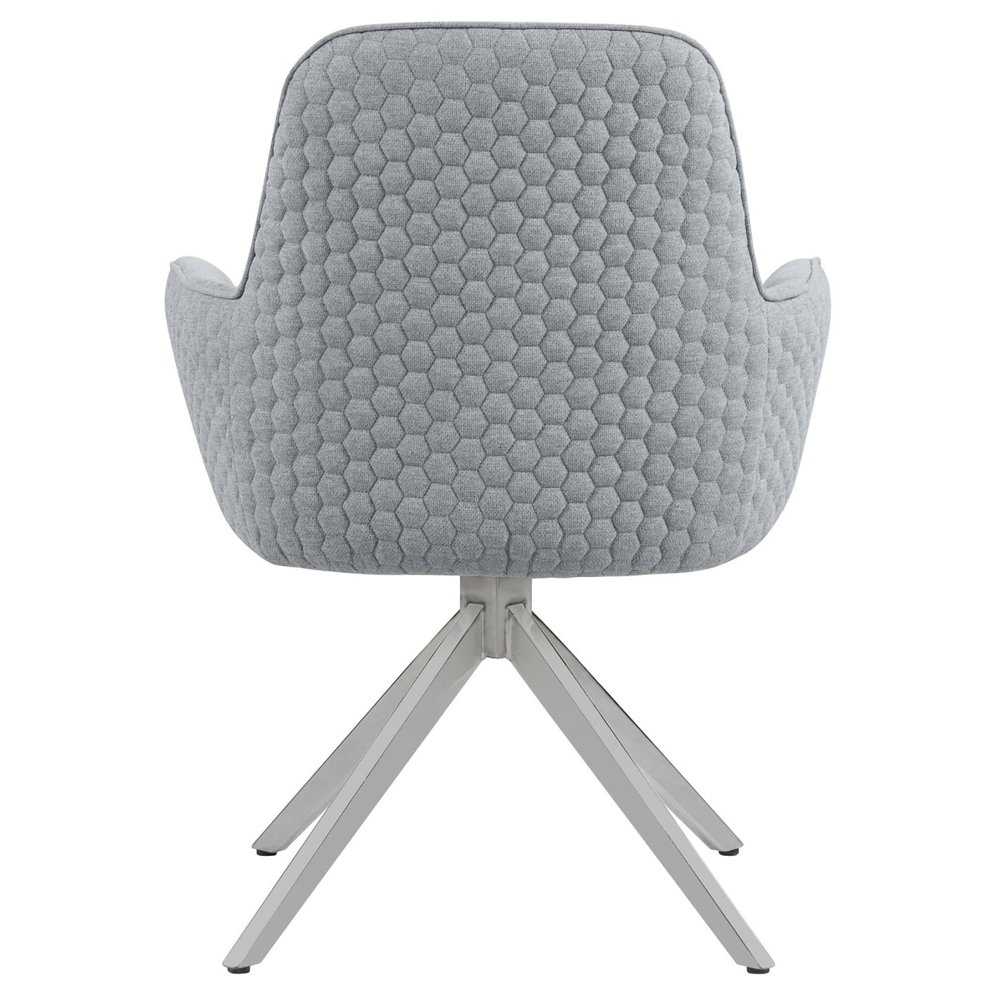 Grey upholstered accent chair with hexagonal pattern on the back and metal base