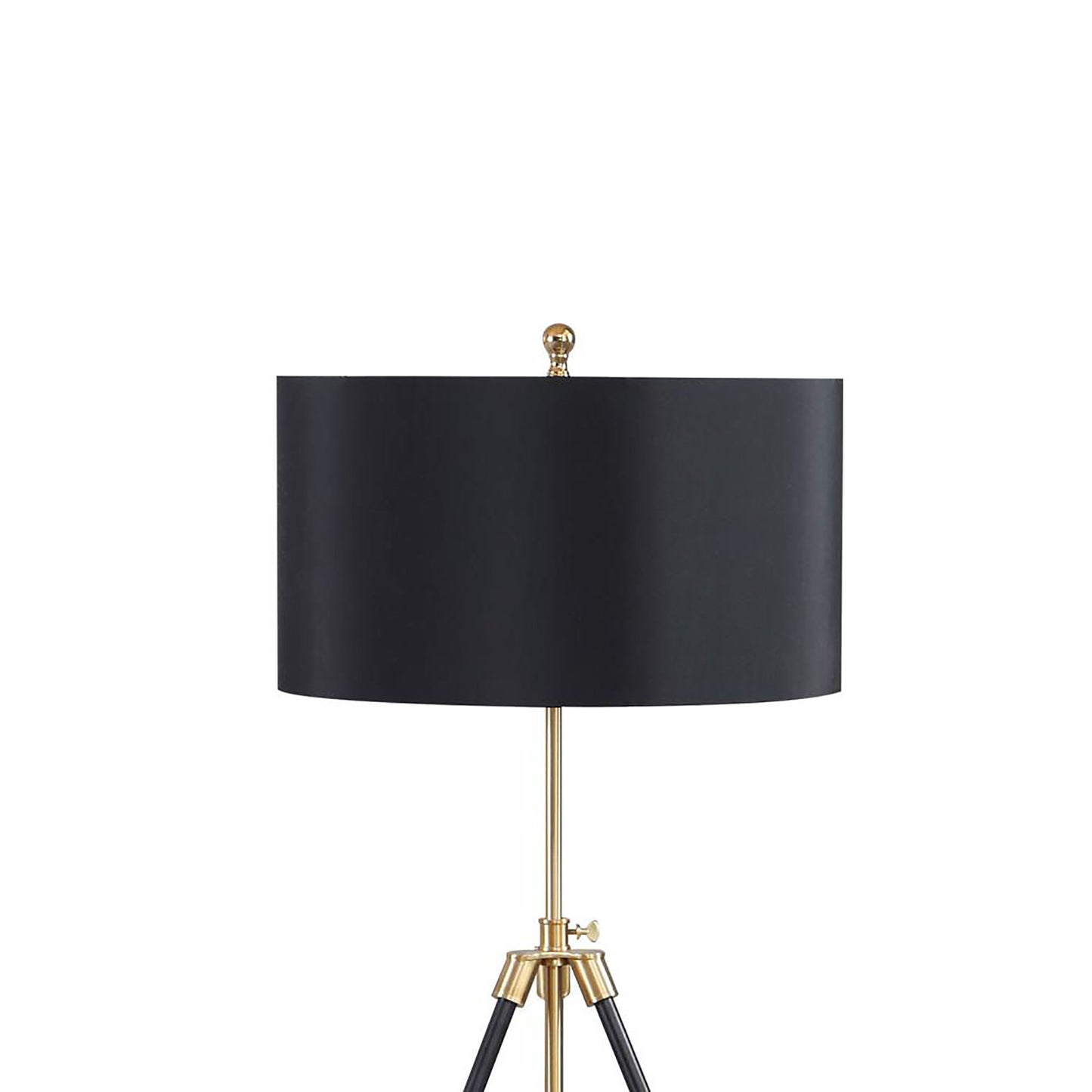 Elegant black drum shade floor lamp with gold tripod base and accents