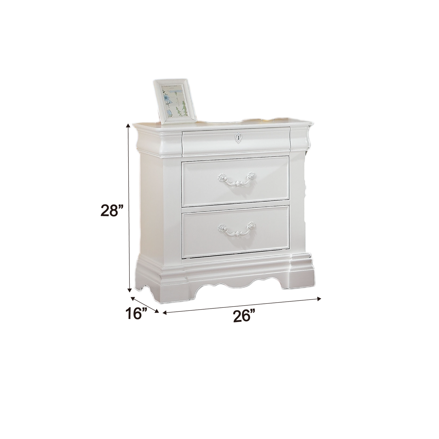 Classic white twodrawer nightstand with ornate pulls and a decorative keyhole