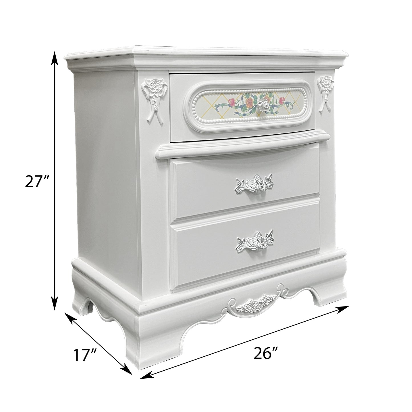 White ornate nightstand with floral drawer pulls and detailed trim