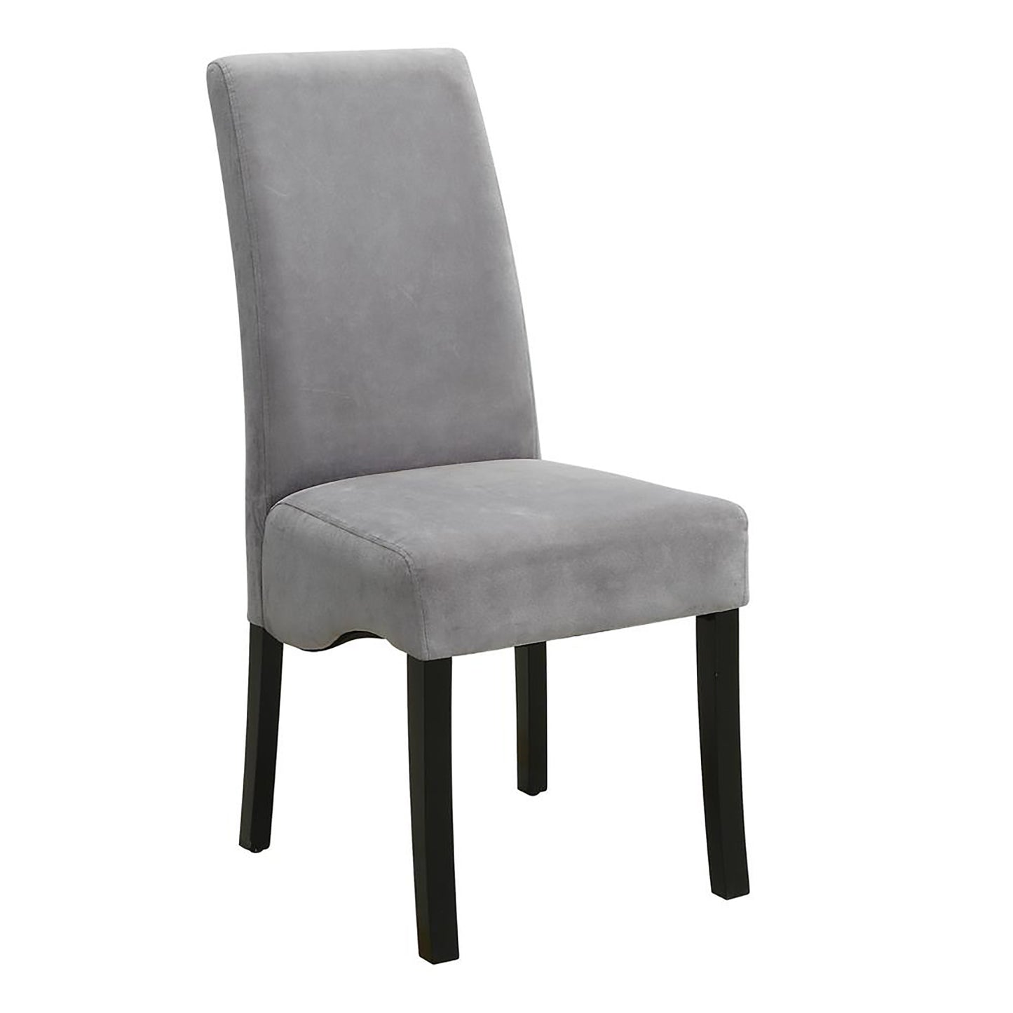 Grey velvet dining chair with tall back and dark wood legs