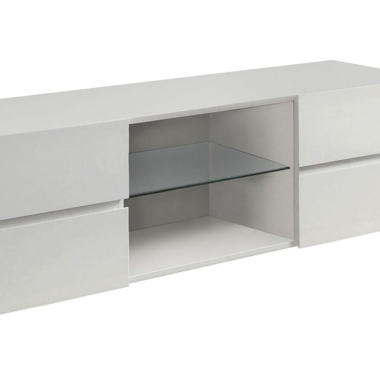 Modern white media console with glass shelf and two drawers for TV storage