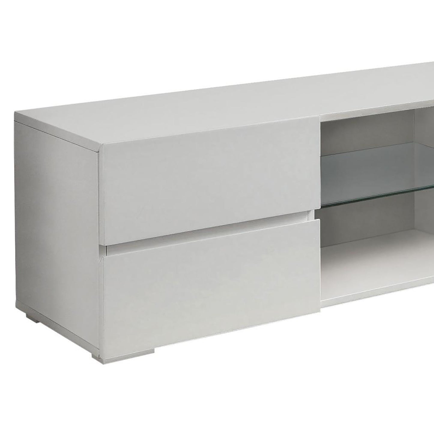 Sleek white media console with two drawers and open shelves perfect for modern living rooms