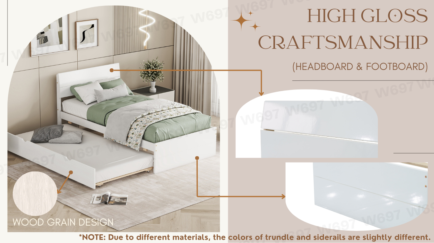White trundle bed with green bedding and wood grain detail