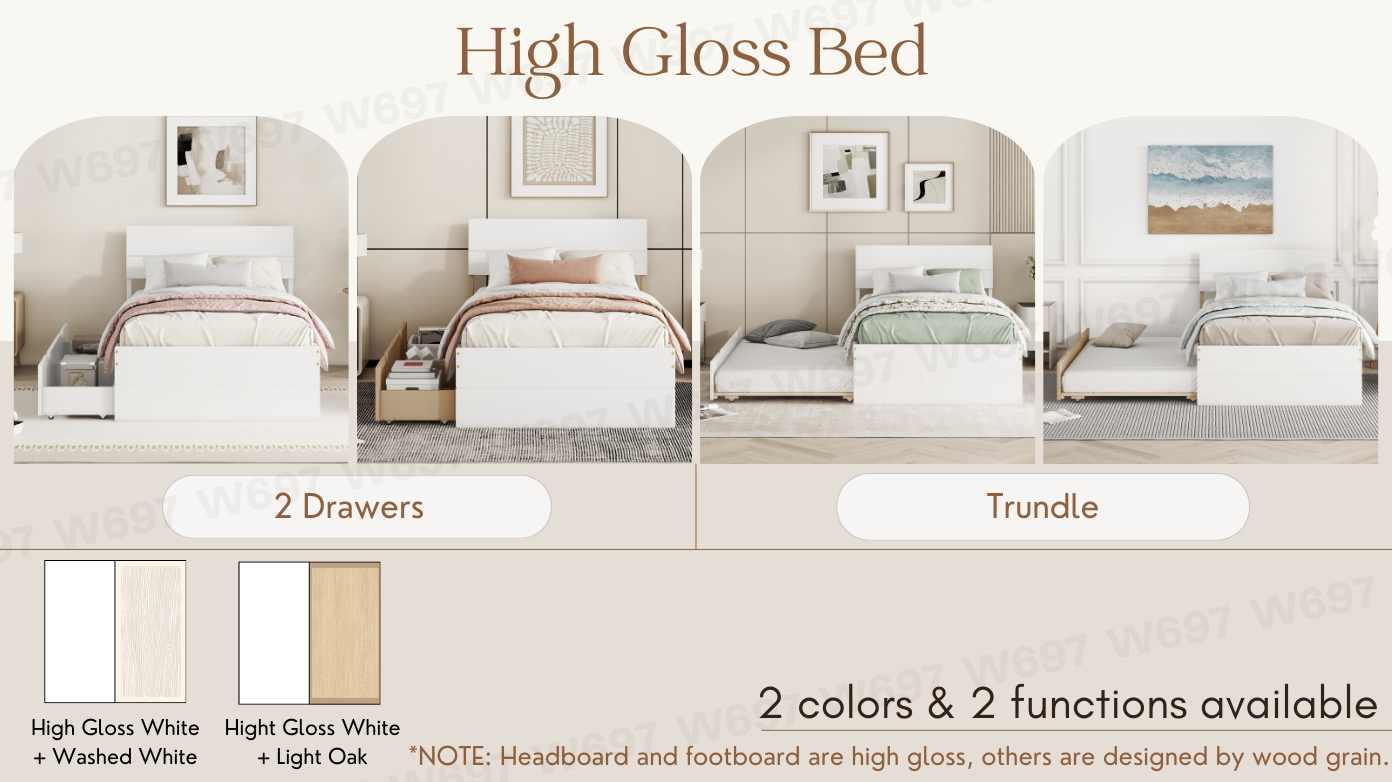 White high gloss twin bed with two drawers for storage