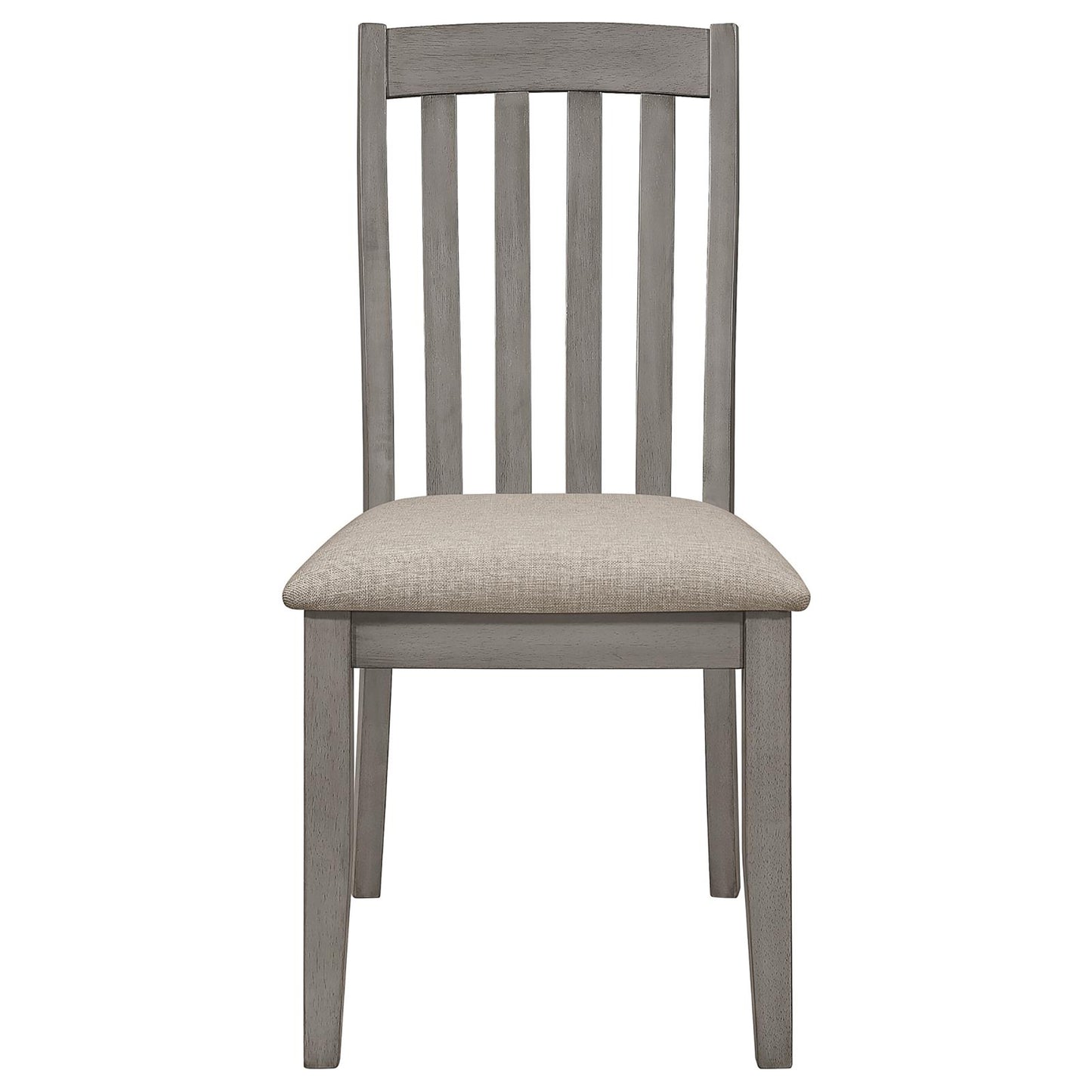 Gray wooden dining chair with a neutral linen upholstered seat