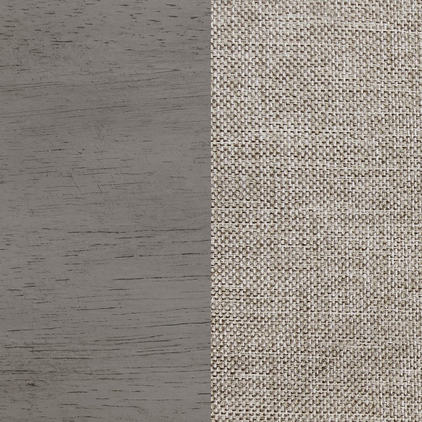 Closeup of a textured grey wood grain surface on the left contrasted with a woven beige fabric on the right