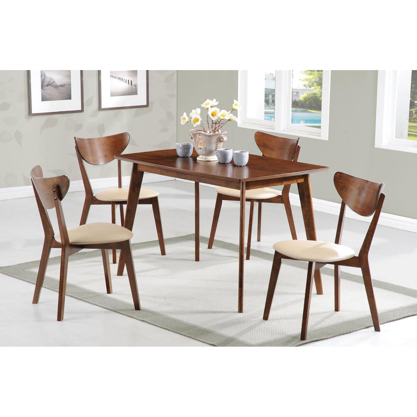 Dark walnut dining table set with four curved back chairs and beige upholstered seats
