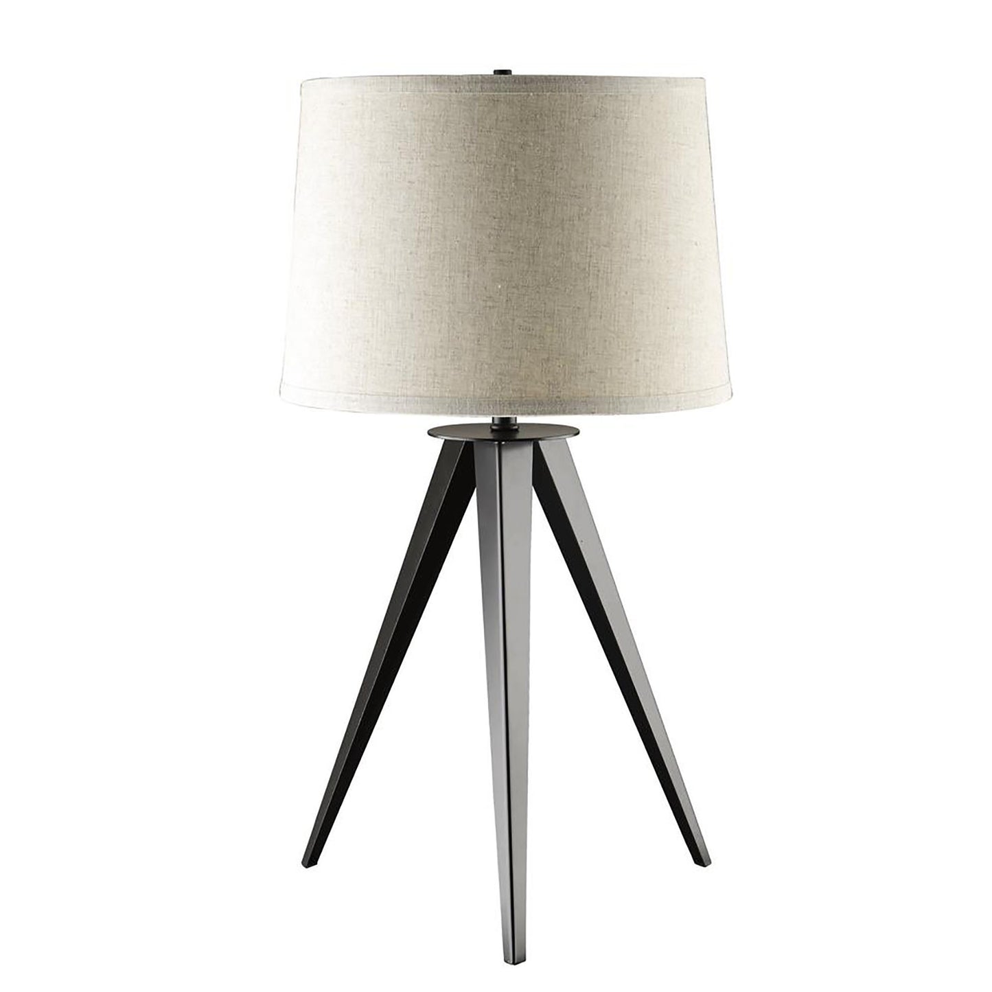 Modern tripod table lamp with beige linen shade and dark metal legs