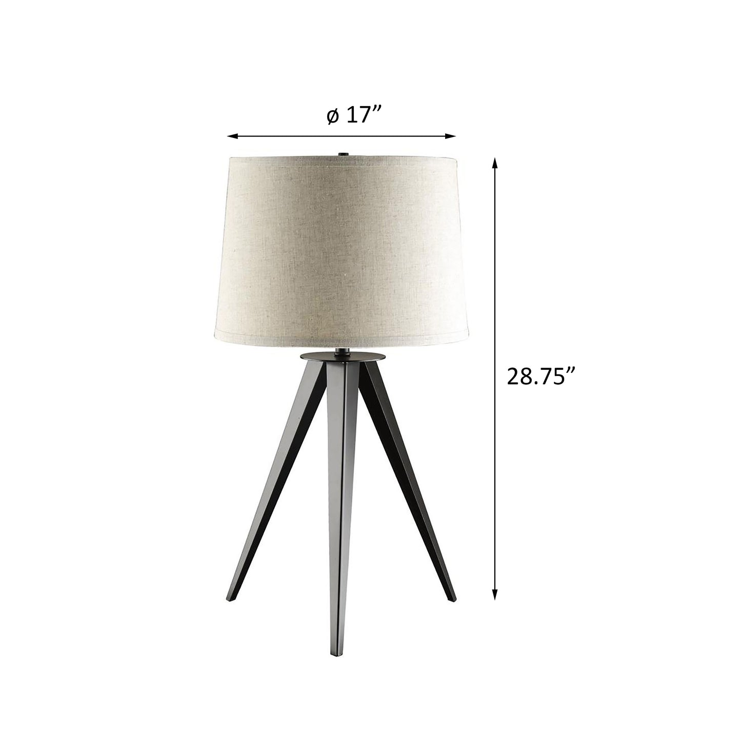 Modern black tripod table lamp with a natural linen drum shade