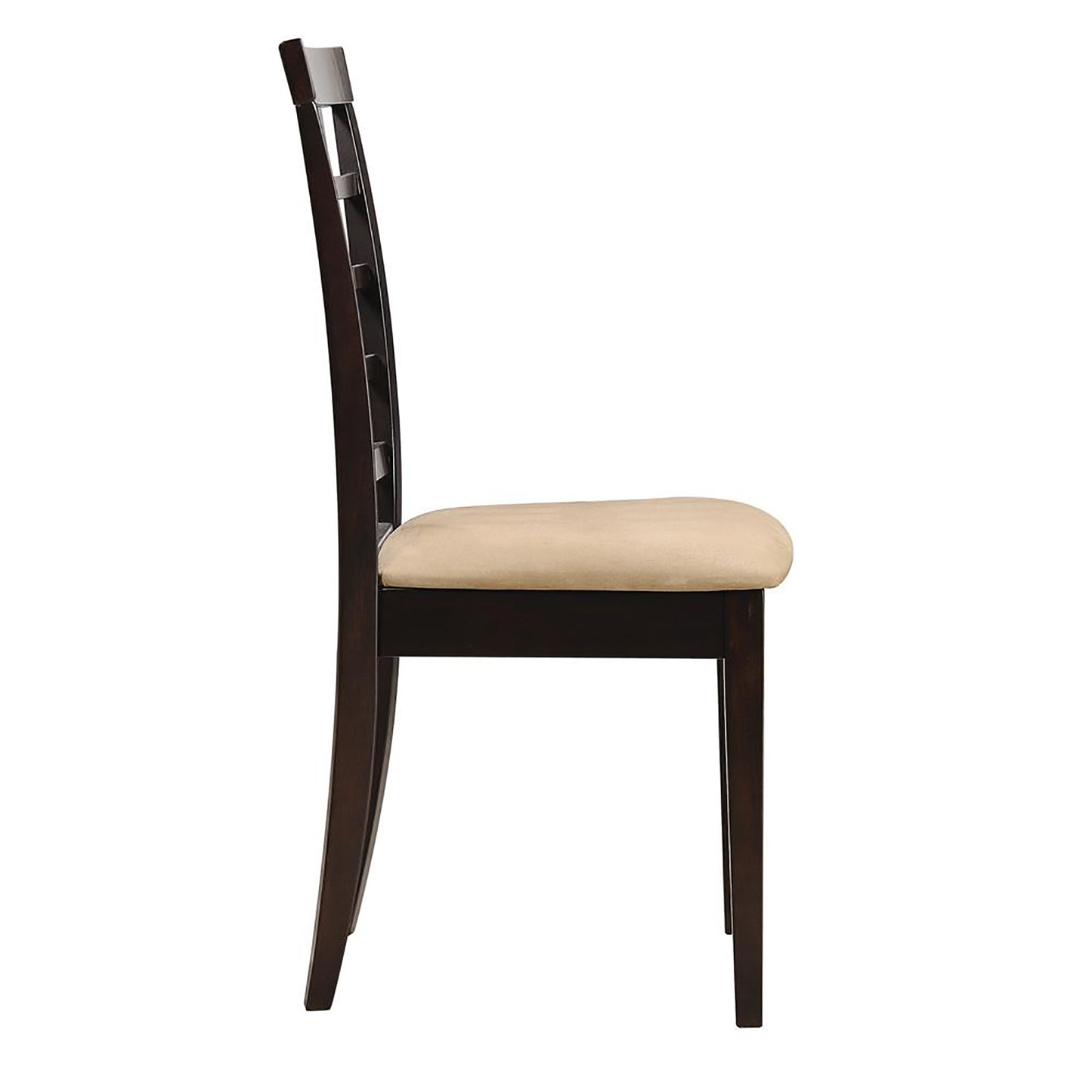 Dark brown wooden dining chair with beige upholstered seat and slatted back