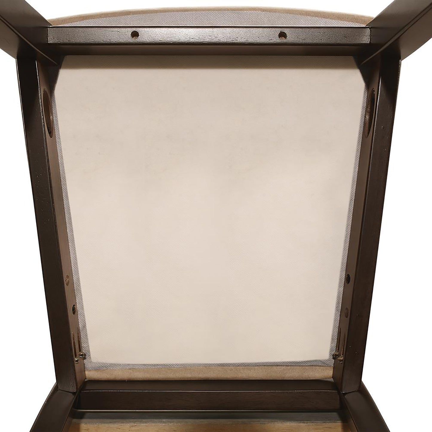 Upholstered chair seat frame with dark brown wood legs and cream fabric backing