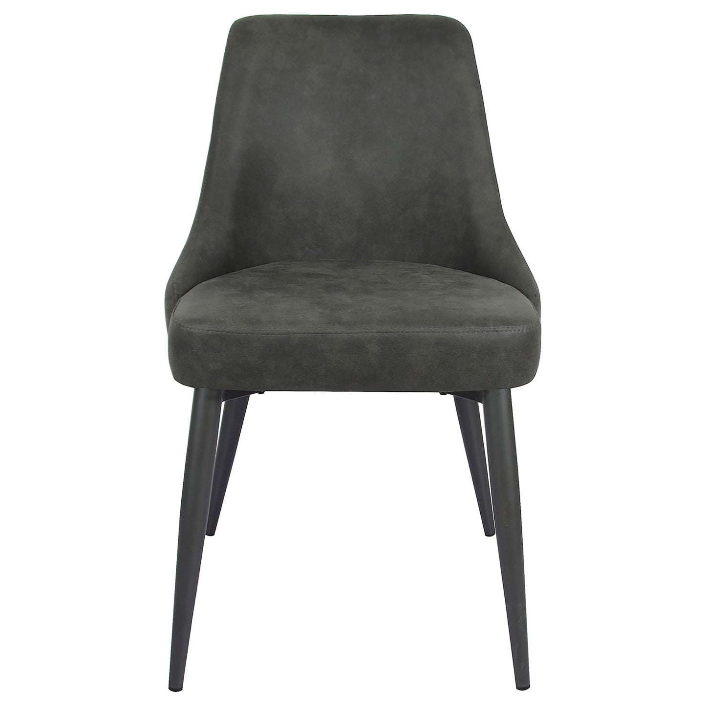 Modern grey upholstered dining chair with sleek black metal legs