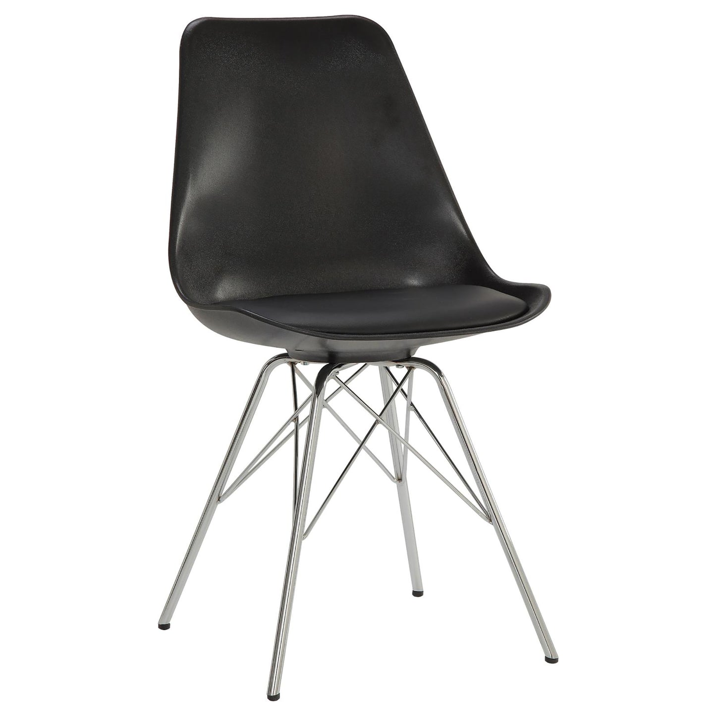 Black molded plastic dining chair with a chrome crisscross base