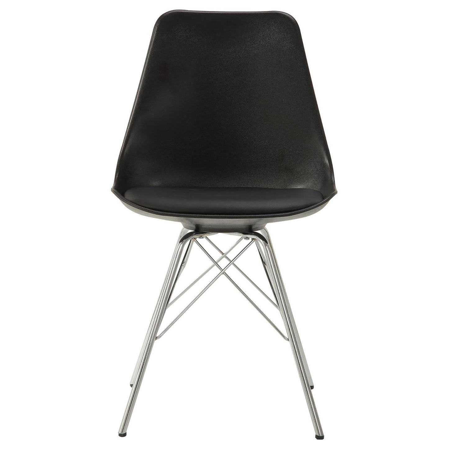 Black plastic dining chair with chrome Eiffel base and faux leather seat