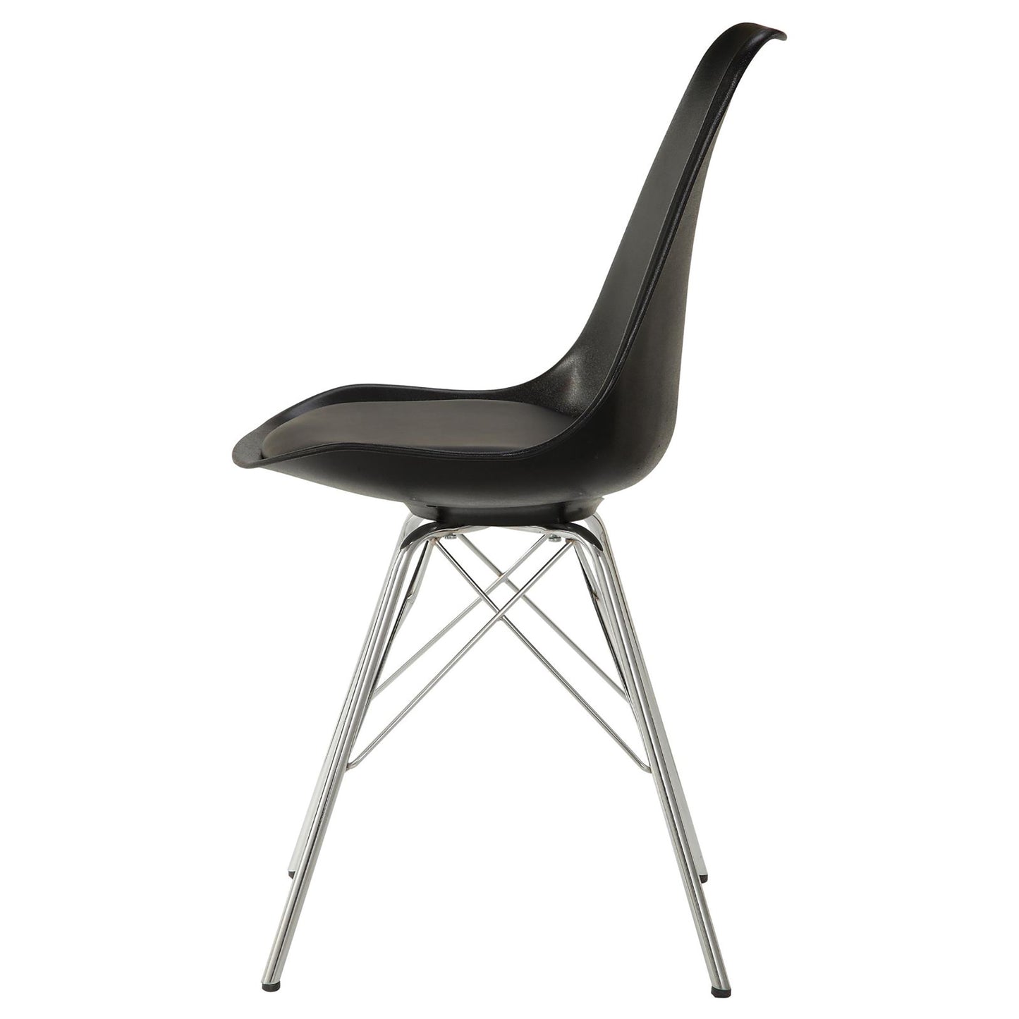 Black molded plastic dining chair with chrome wire base