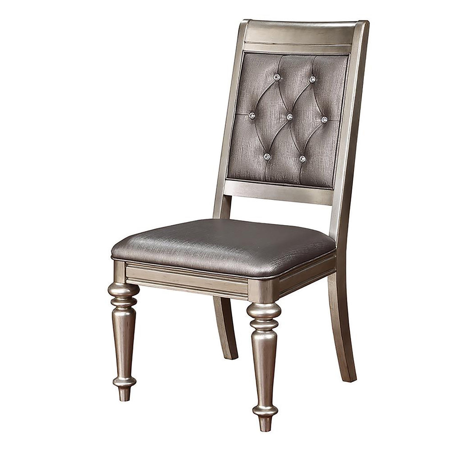 Tufted grey upholstered dining chair with silver wood frame and crystal accents