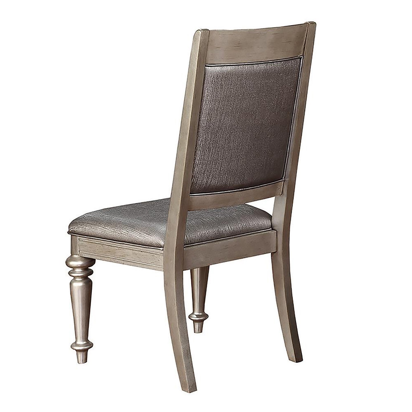 Gray upholstered dining chair with wood frame and turned legs