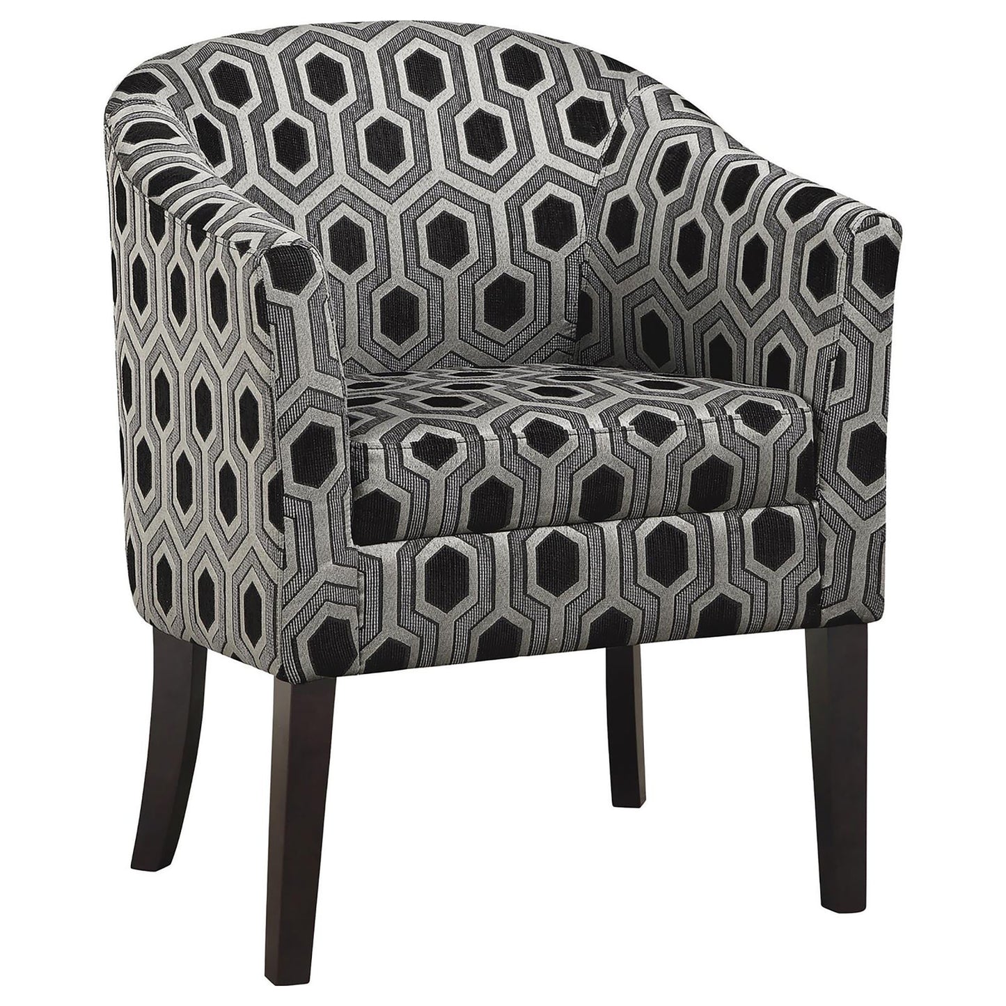 Modern barrel chair with black and silver geometric pattern upholstery and dark wood legs