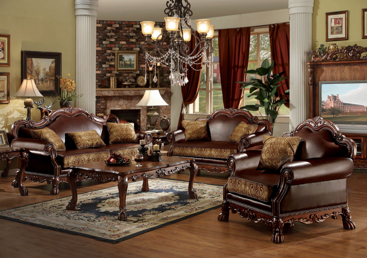 Luxurious dark brown leather sofa with ornate carved wood accents perfect for a traditional living room Features patterned accent pillows for comfort