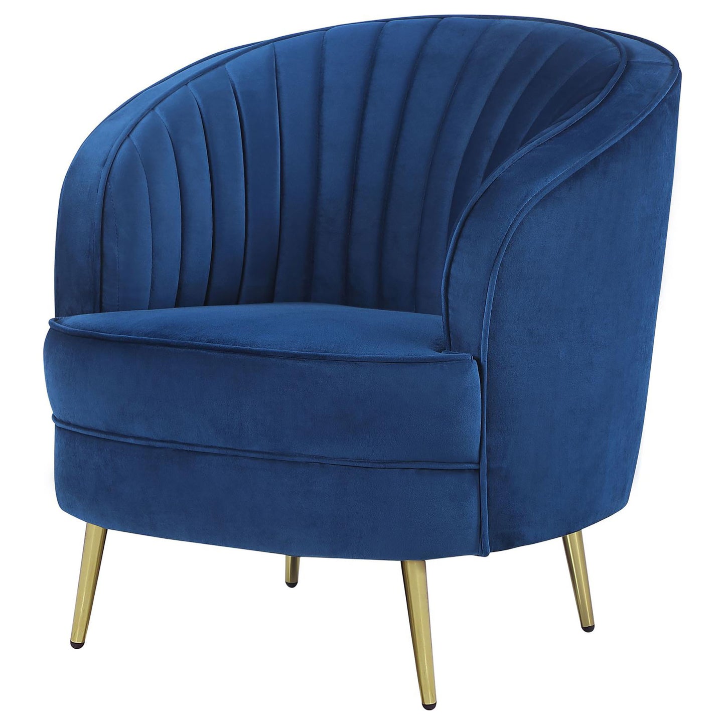 Deep blue velvet accent chair with channel tufting and gold legs