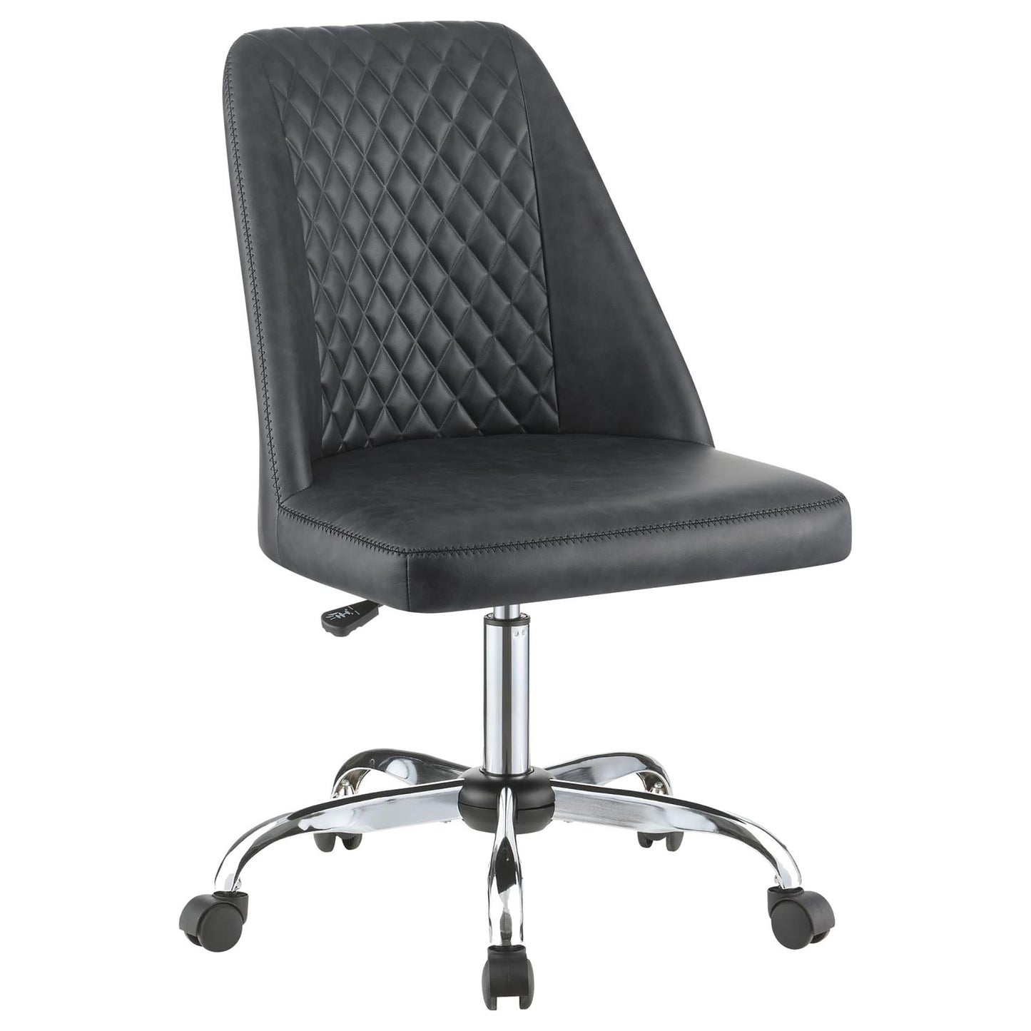 Quilted black faux leather office chair with chrome base and wheels