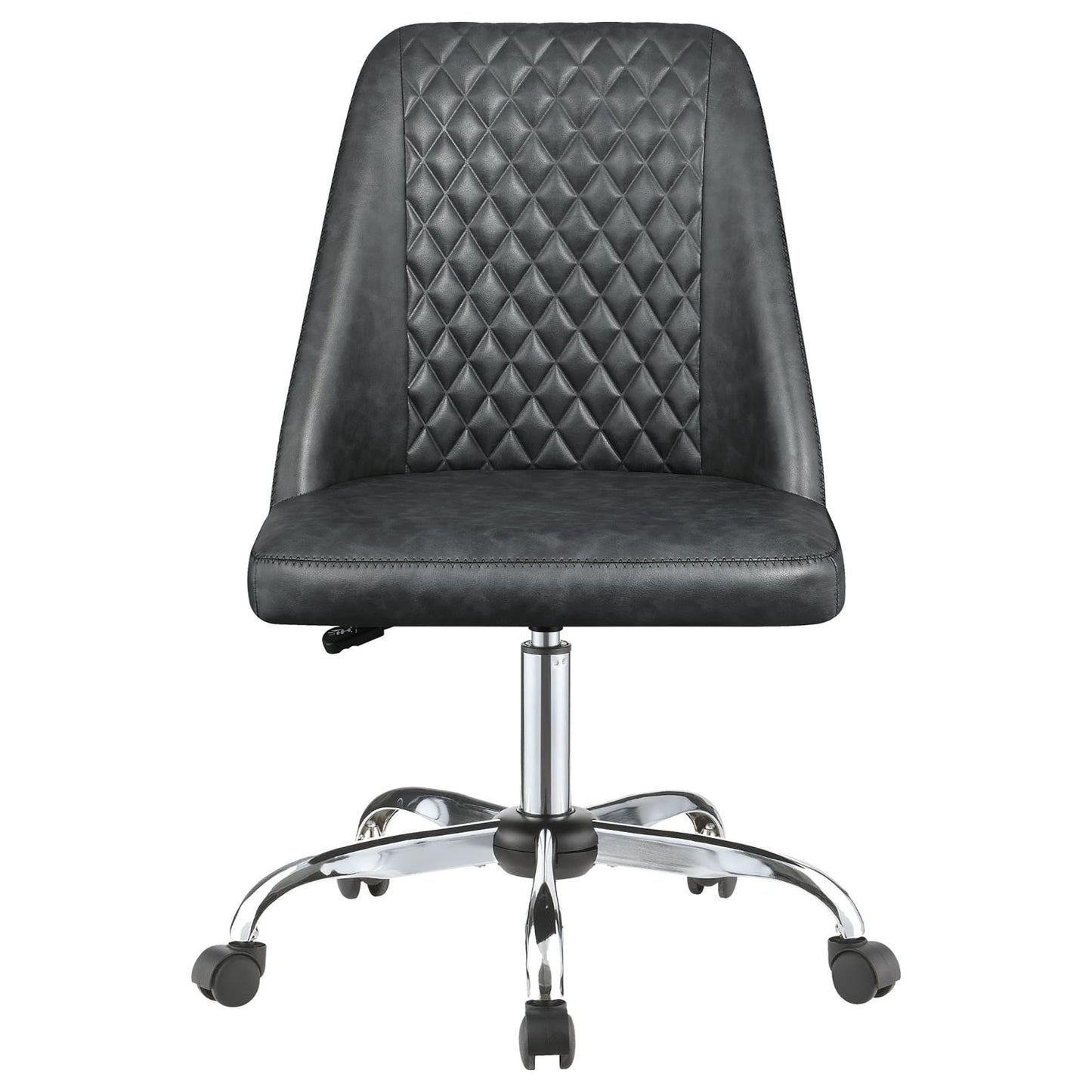 Gray tufted faux leather office chair with chrome base and wheels