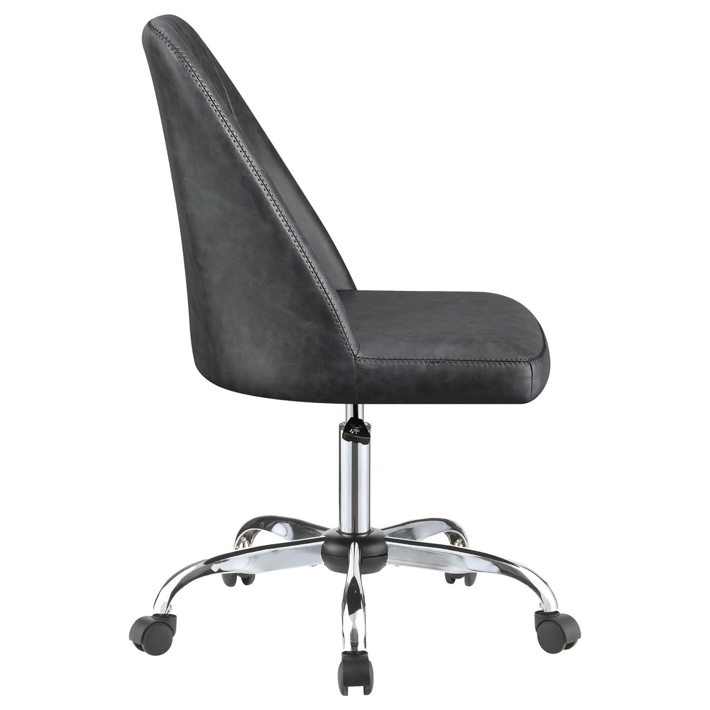 Black faux leather office chair with stitched detailing and chrome base