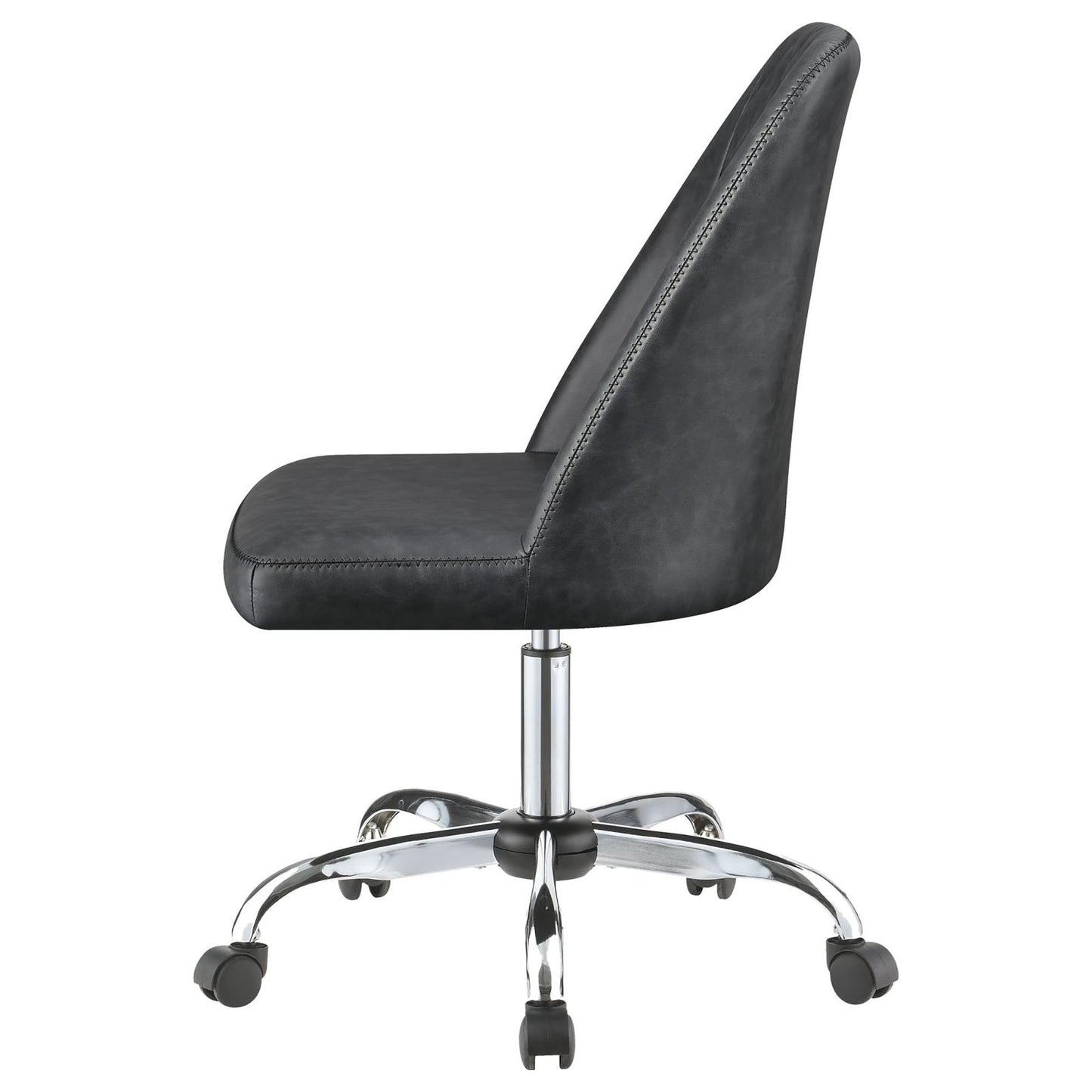 Black faux leather office chair with chrome base and casters side view