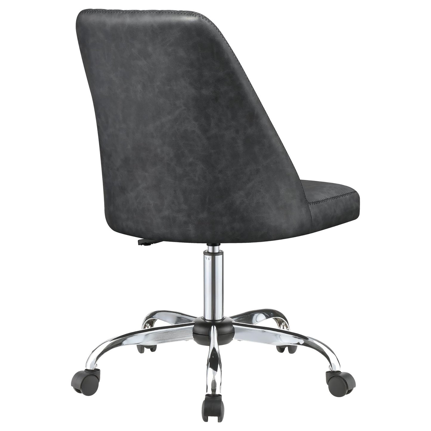 Dark grey faux leather office chair with stitched detailing and chrome base