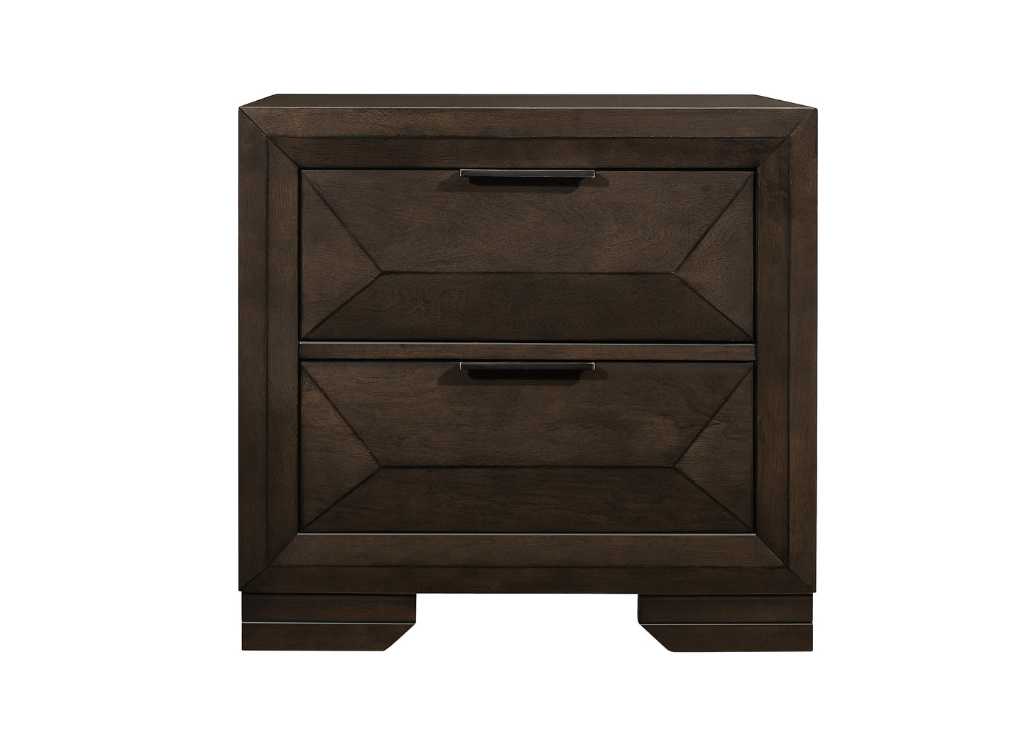 Dark wood bedside table with two drawers and geometric drawer fronts