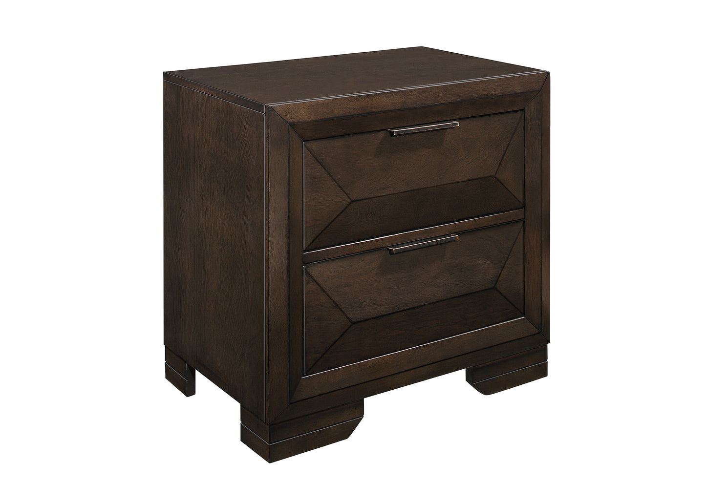 Dark wood modern nightstand with geometric drawer fronts and brushed nickel pulls