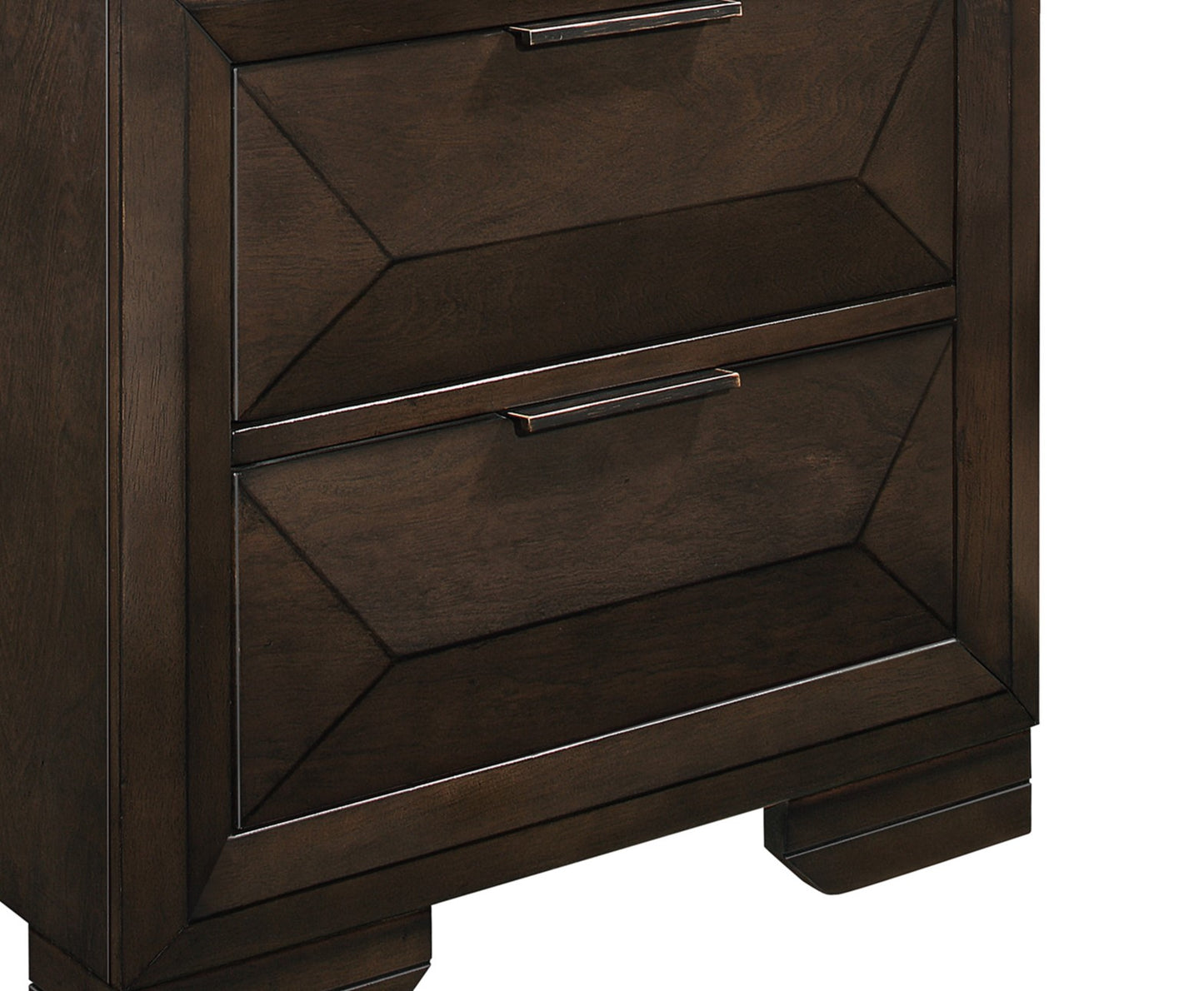 Dark brown wood nightstand with geometric drawer fronts and bronze handles
