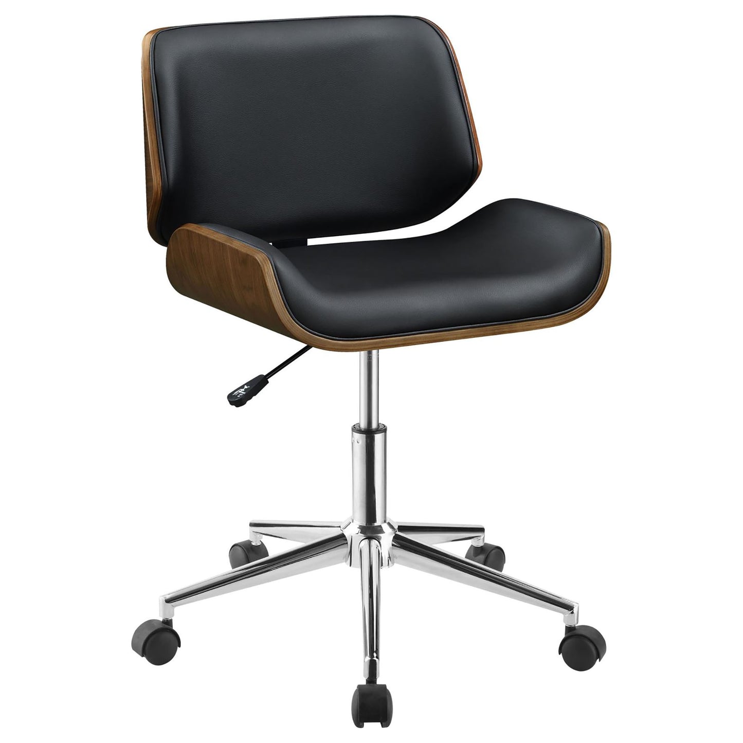 Black leather office chair with wood veneer accents adjustable height and chrome base