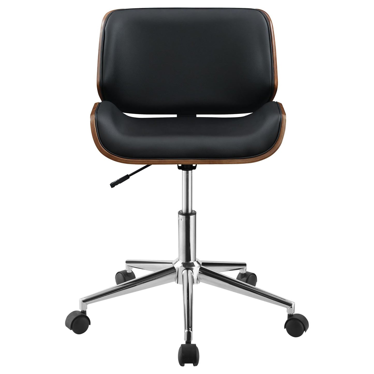 Black leather and walnut veneer office chair with chrome base and casters