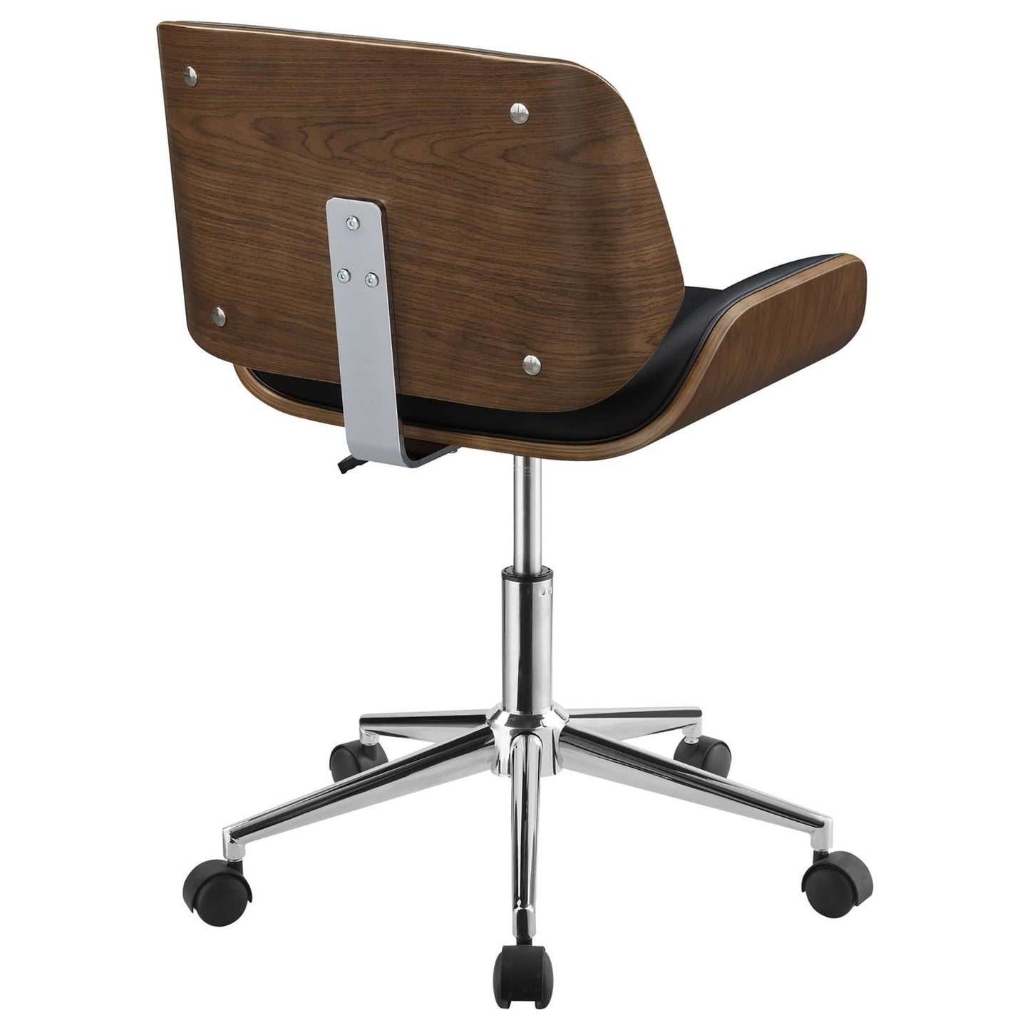 Midcentury modern office chair with walnut veneer and black leatherette seat