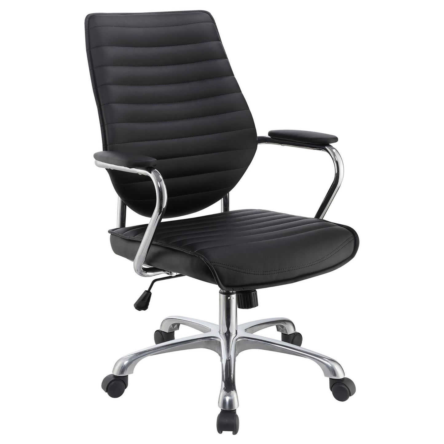 Black executive office chair with ribbed faux leather seat and back