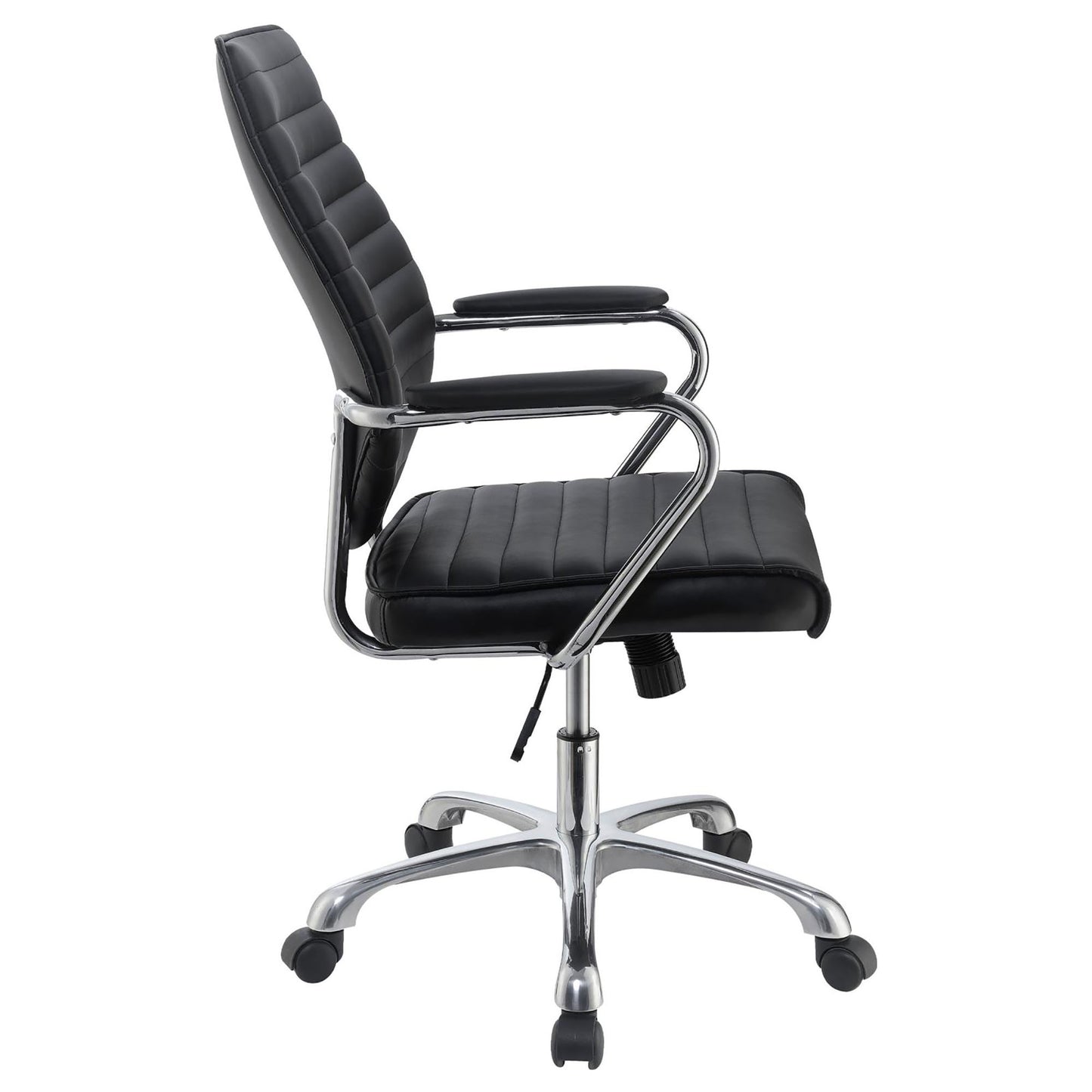 Black executive office chair with padded seat ribbed back and chrome arms