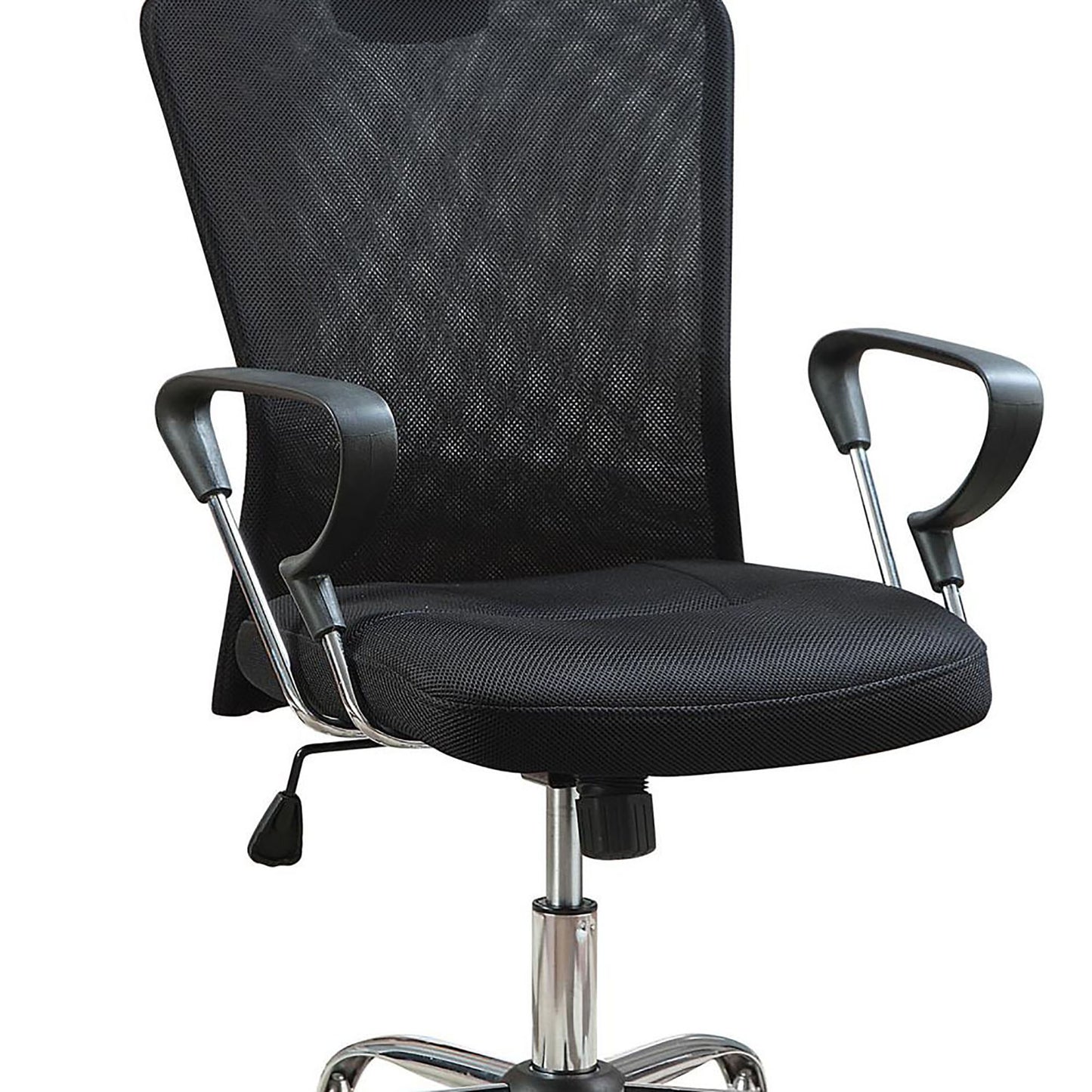 Ergonomic black mesh office chair with padded seat and adjustable armrests