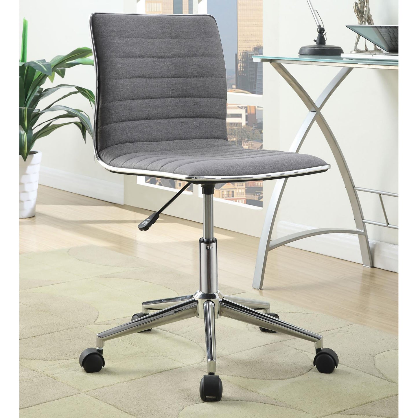 Modern gray fabric office chair with chrome accents and wheels