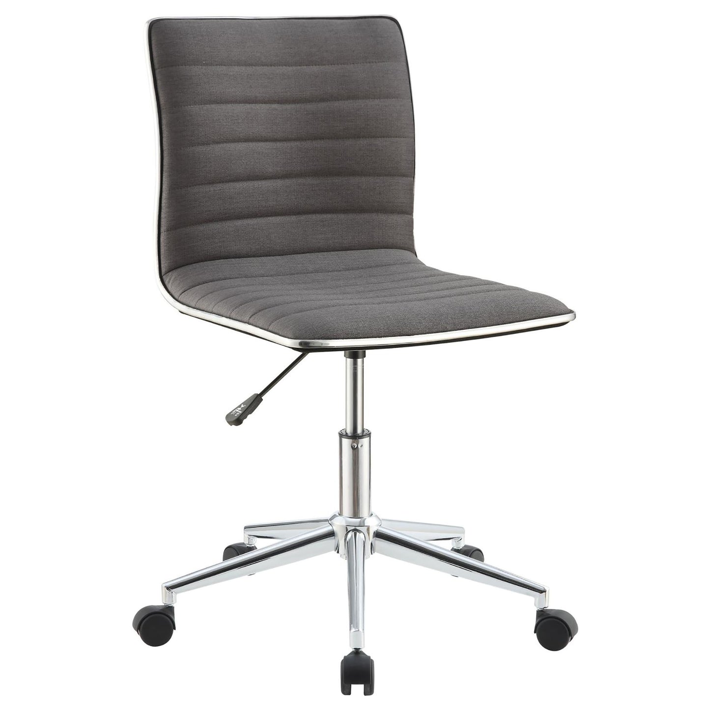 Modern grey fabric office chair with horizontal stitching and chrome base