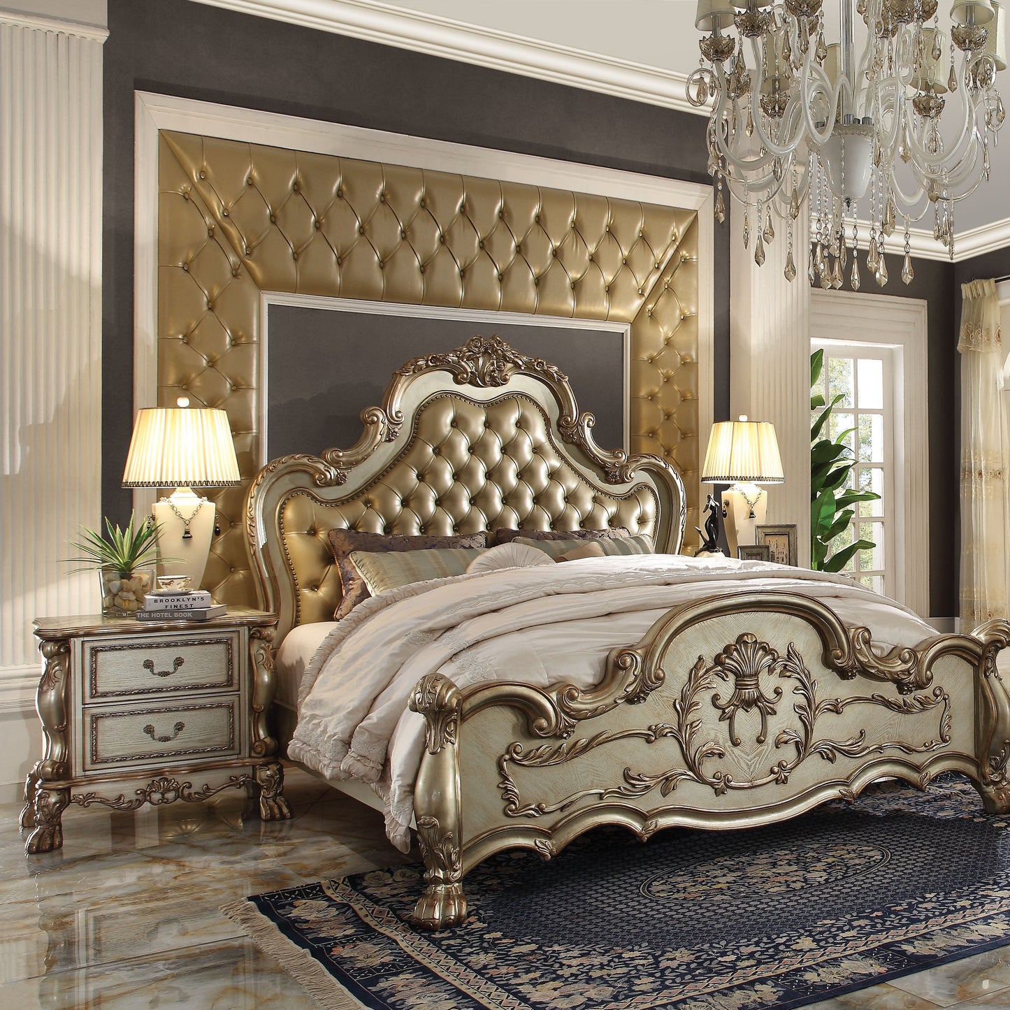 Ornate king bed frame with champagne gold tufted headboard and carved accents