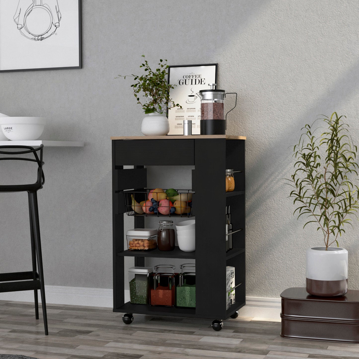 Black kitchen cart with fruit basket and storage shelves
