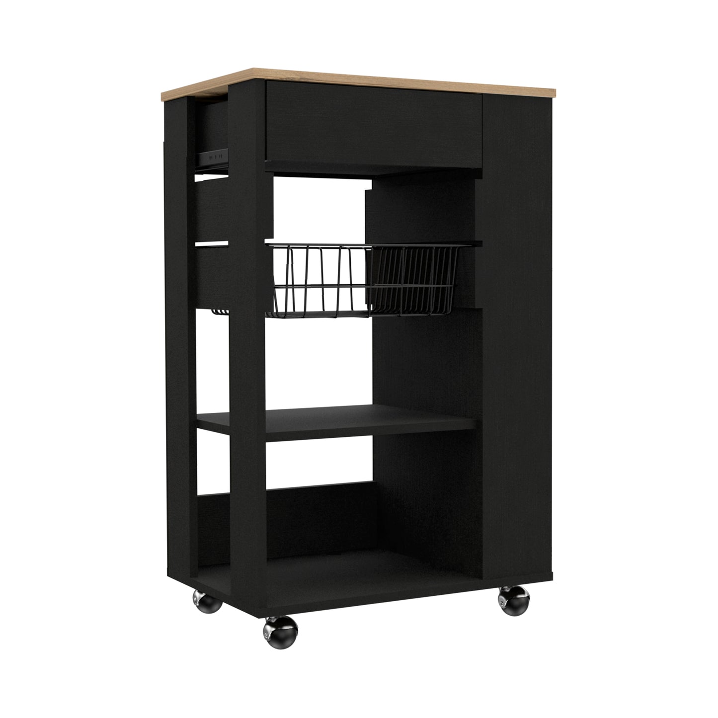 Black kitchen island cart with wooden top and metal basket