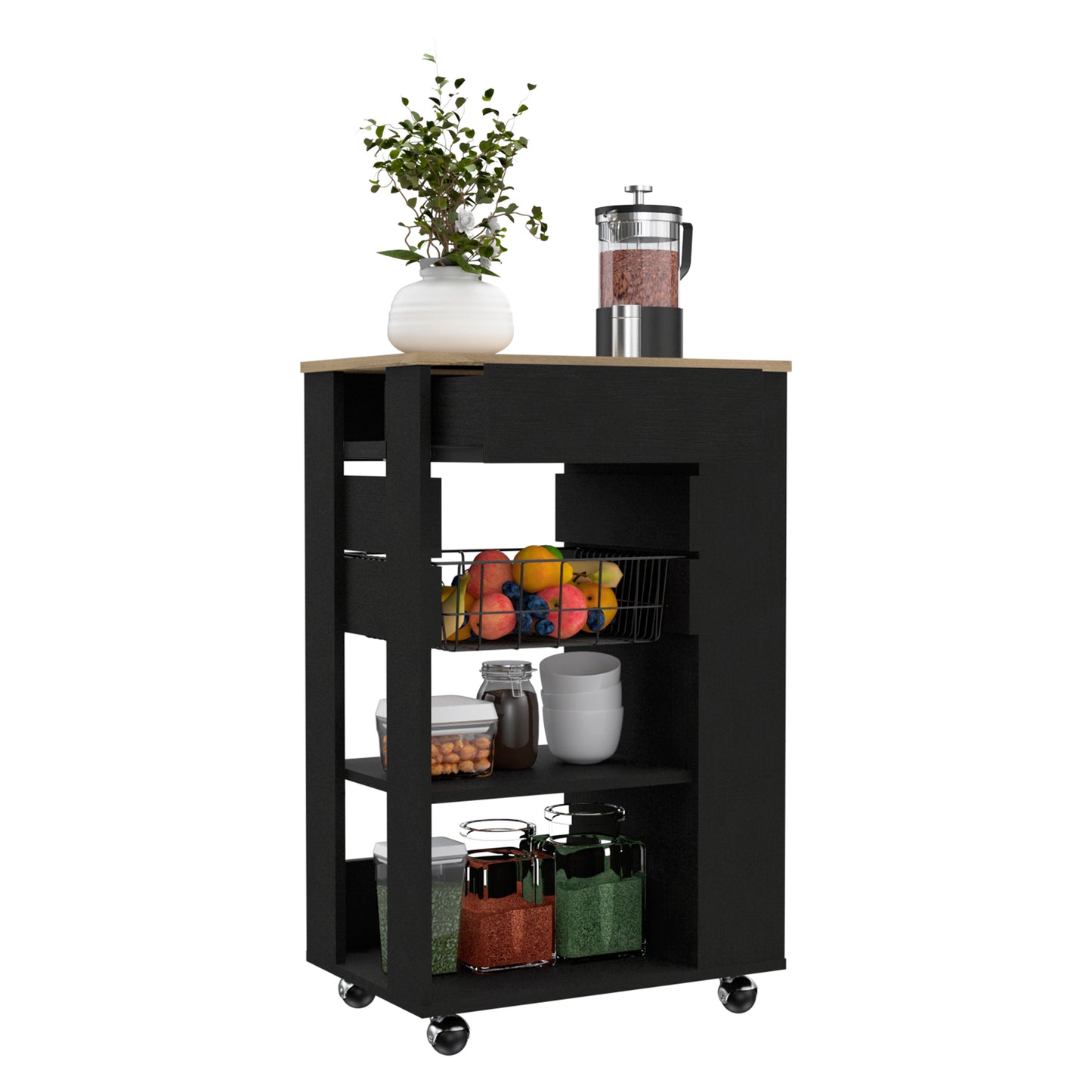 Black kitchen cart with rolling wheels and wooden top holding fruit and jars