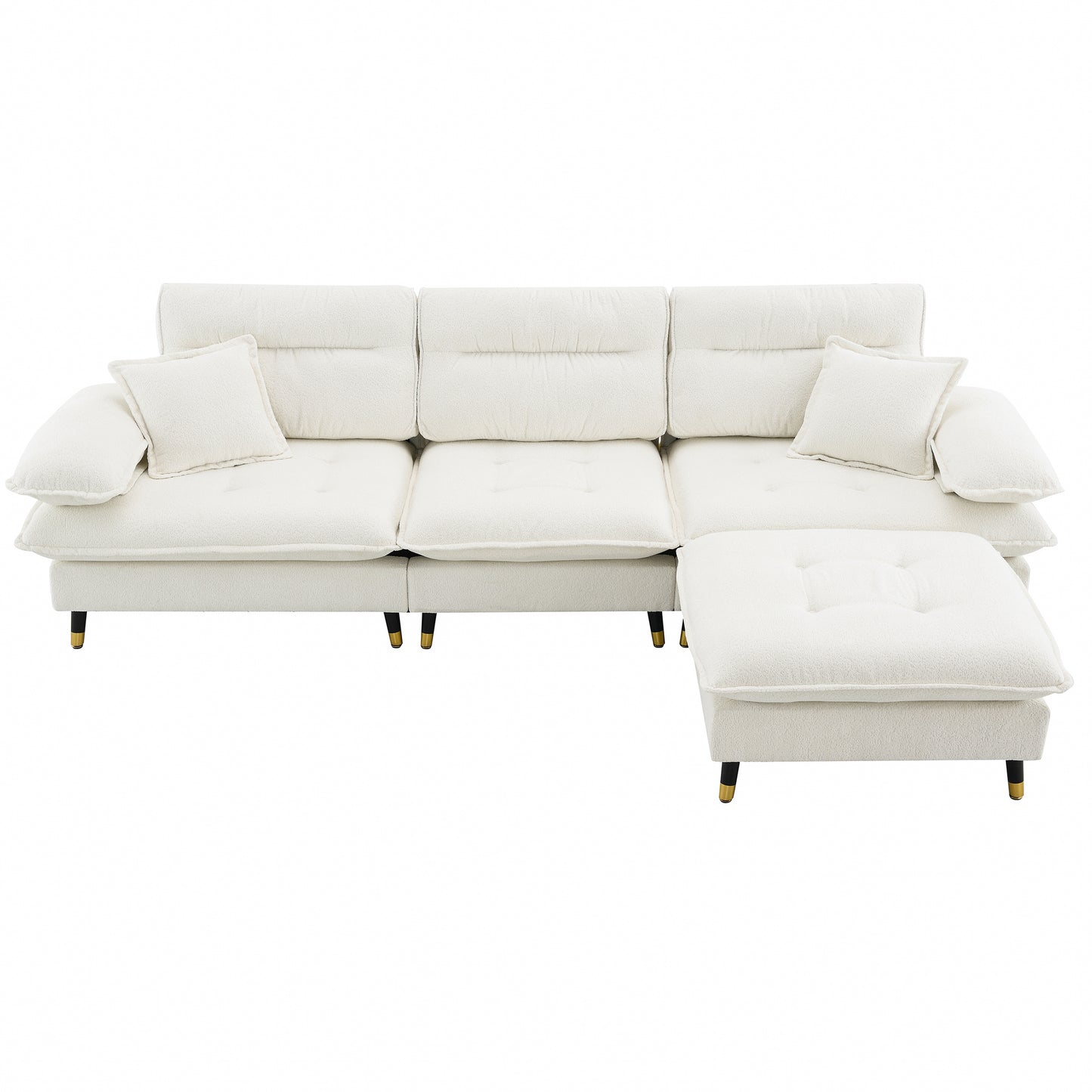 Cream boucle sectional sofa with plush cushions and goldtipped black legs modern living room furniture