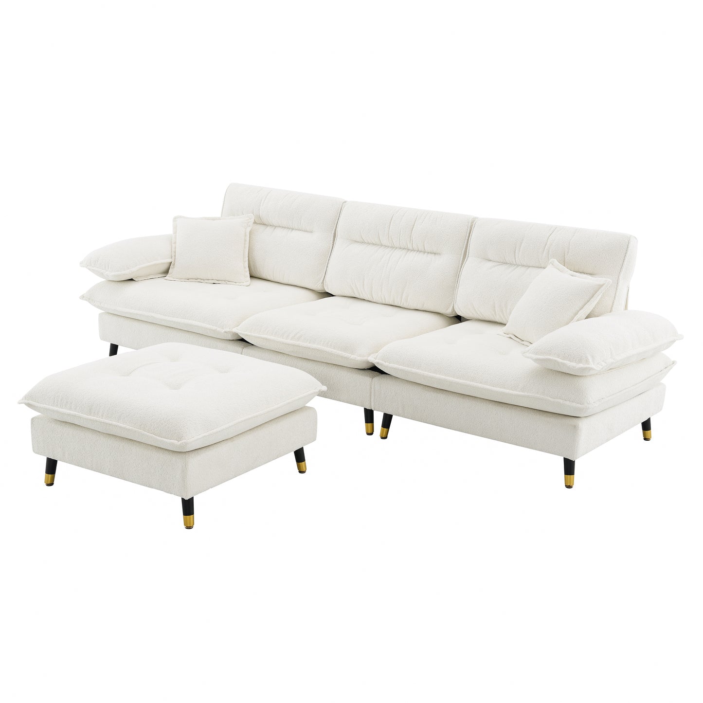 Cream boucle sofa with matching ottoman featuring tufted cushions and goldtipped black legs