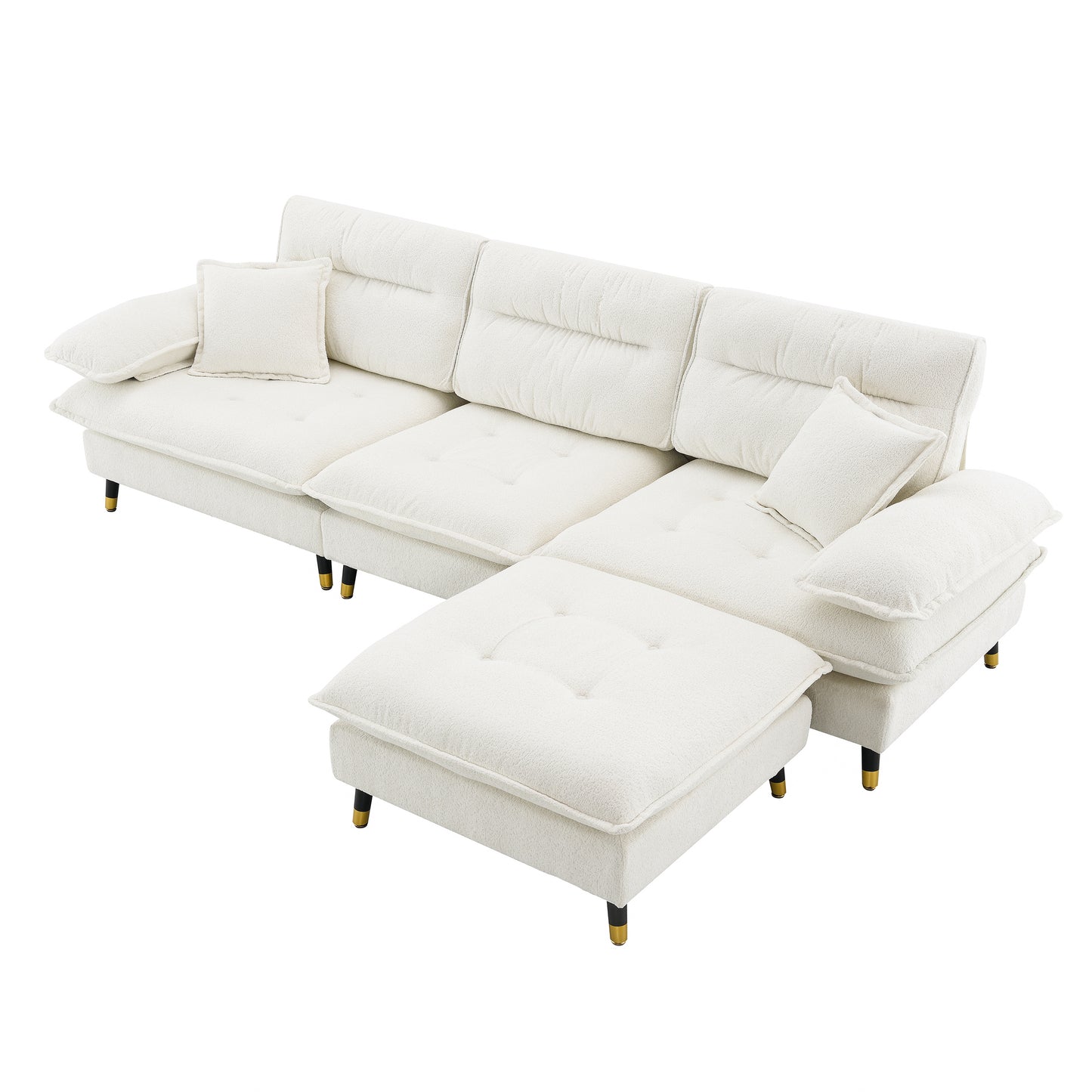 Cream boucl sectional sofa with goldtipped legs and tufted cushions