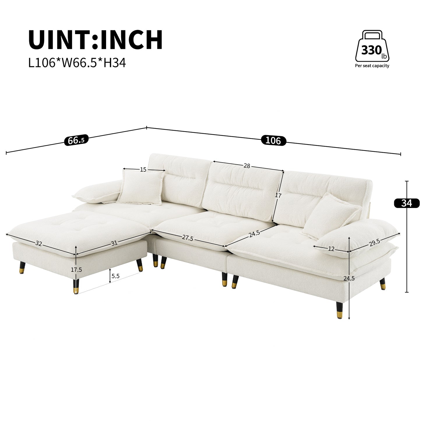 Cream textured fabric sectional sofa with chaise goldtipped legs modern design